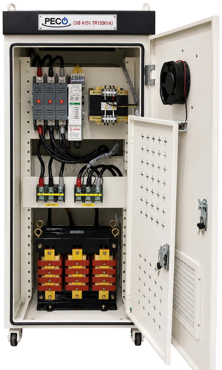 PECO Powersaver cabinet with the rear door open, showing the automatic transfer switch and control equipment in the upper section, the input and output terminal blocks in the middle, and the Harmonic Energy Recycling Transformer at the base.