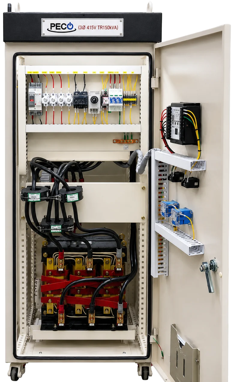PECO Powersaver cabinet with the front door open, showing the Harmonic Energy Recycling Transformer at the base and the protection devices mounted above it.